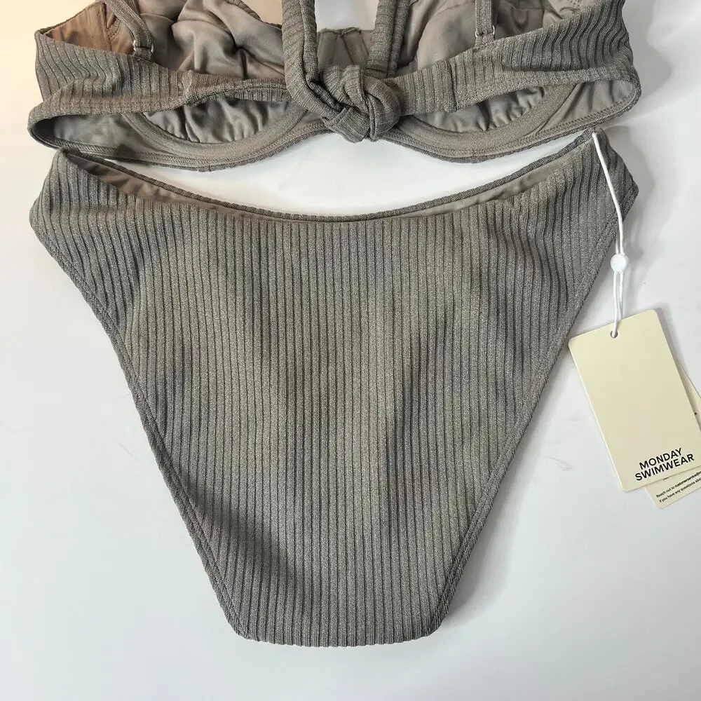 Monday Swimwear Seychelles Bottom and Sorrento Top Steel Lurex Rib New Small